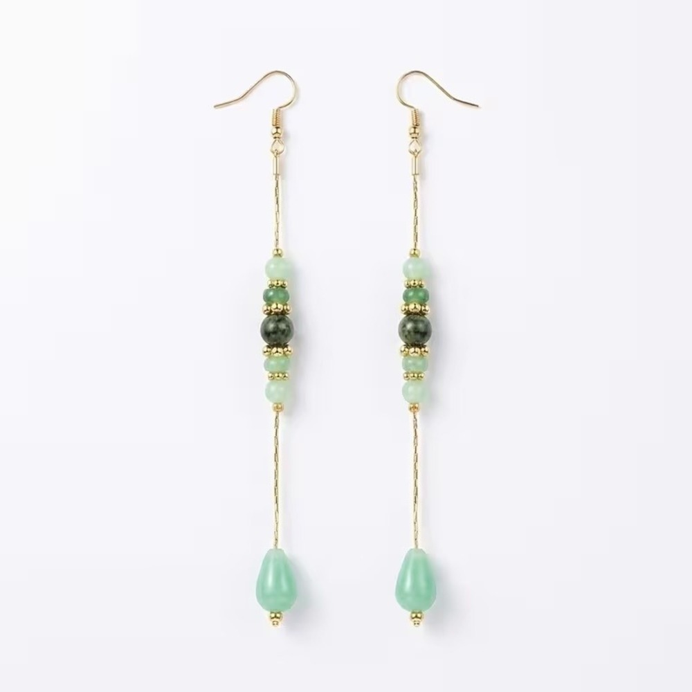 Green Stone Long Drop Dangle Earrings Gold Tone Beaded Teardrop 5.12" Shoulder